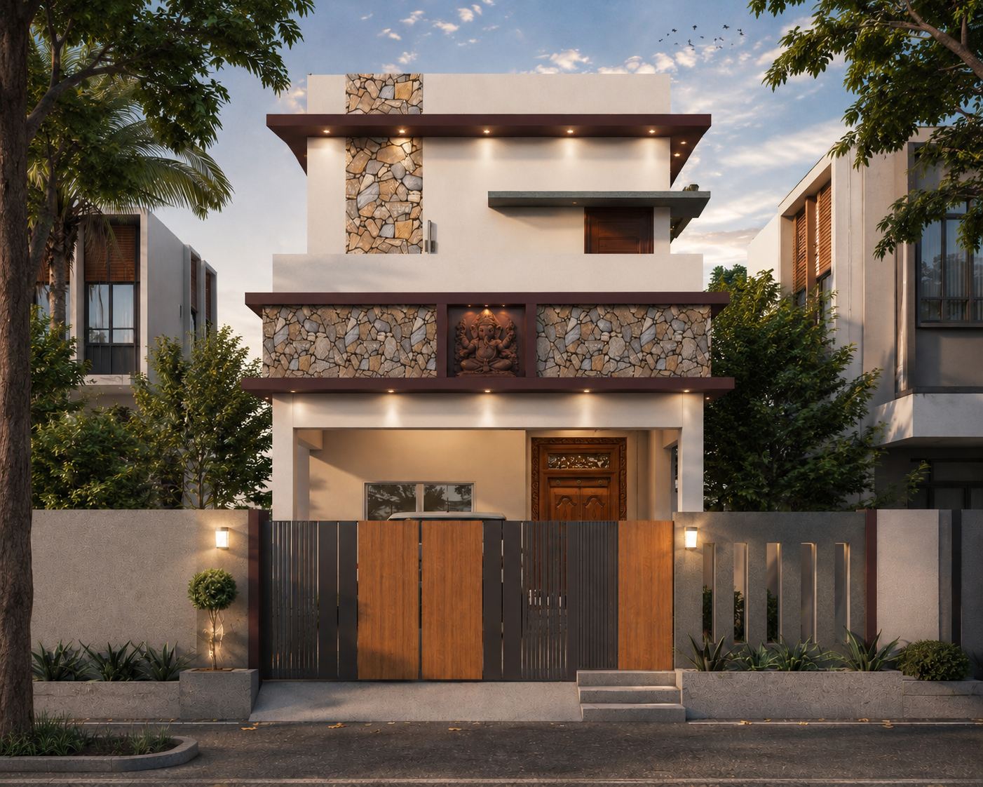 Residential facade with stone cladding, timber gate and warm evening lighting