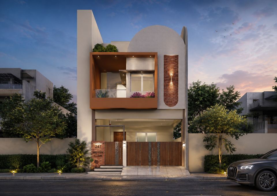 Architectural render of a residence with an arched parapet